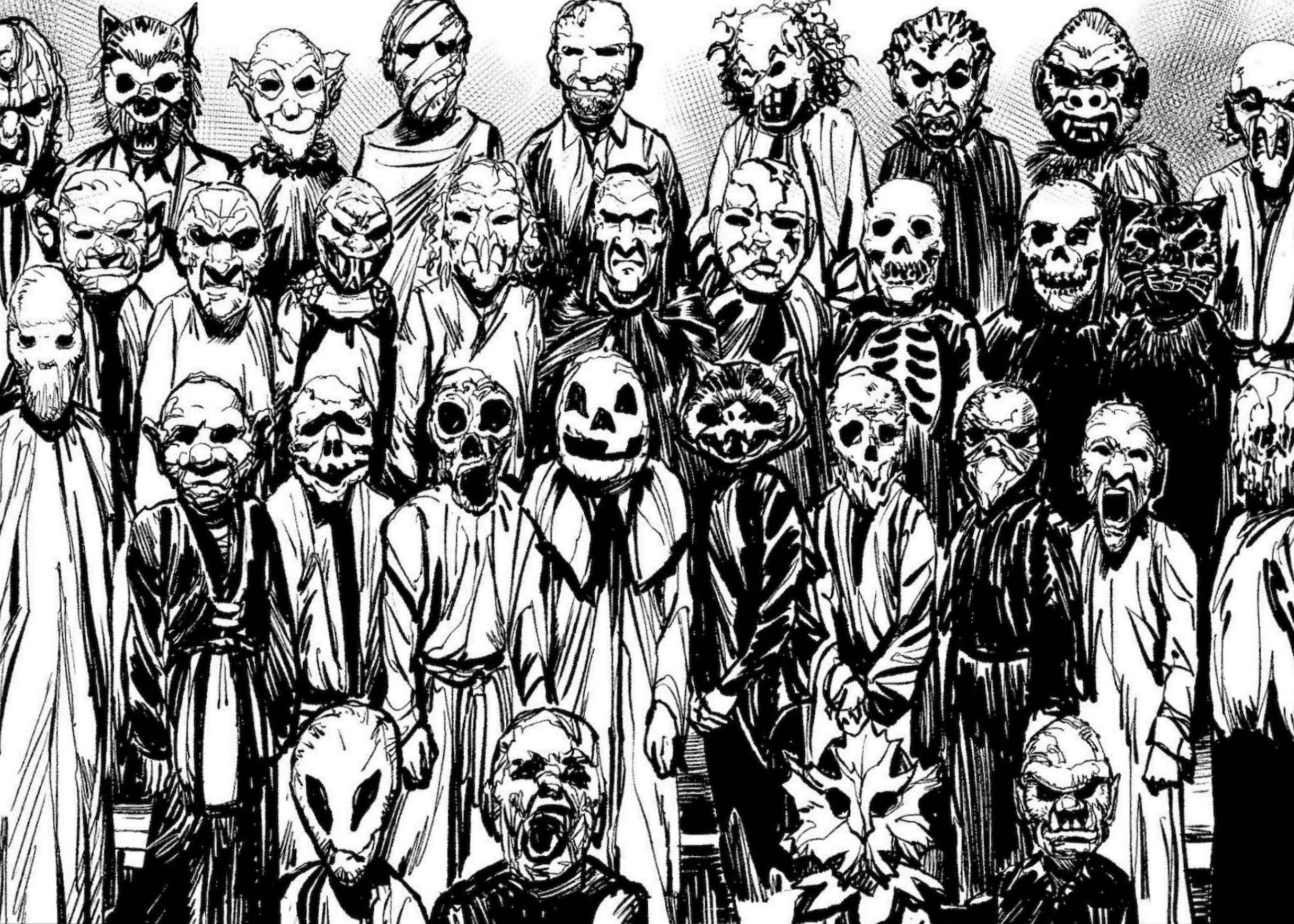 Illustration of a group of masked characters in a black and white style.