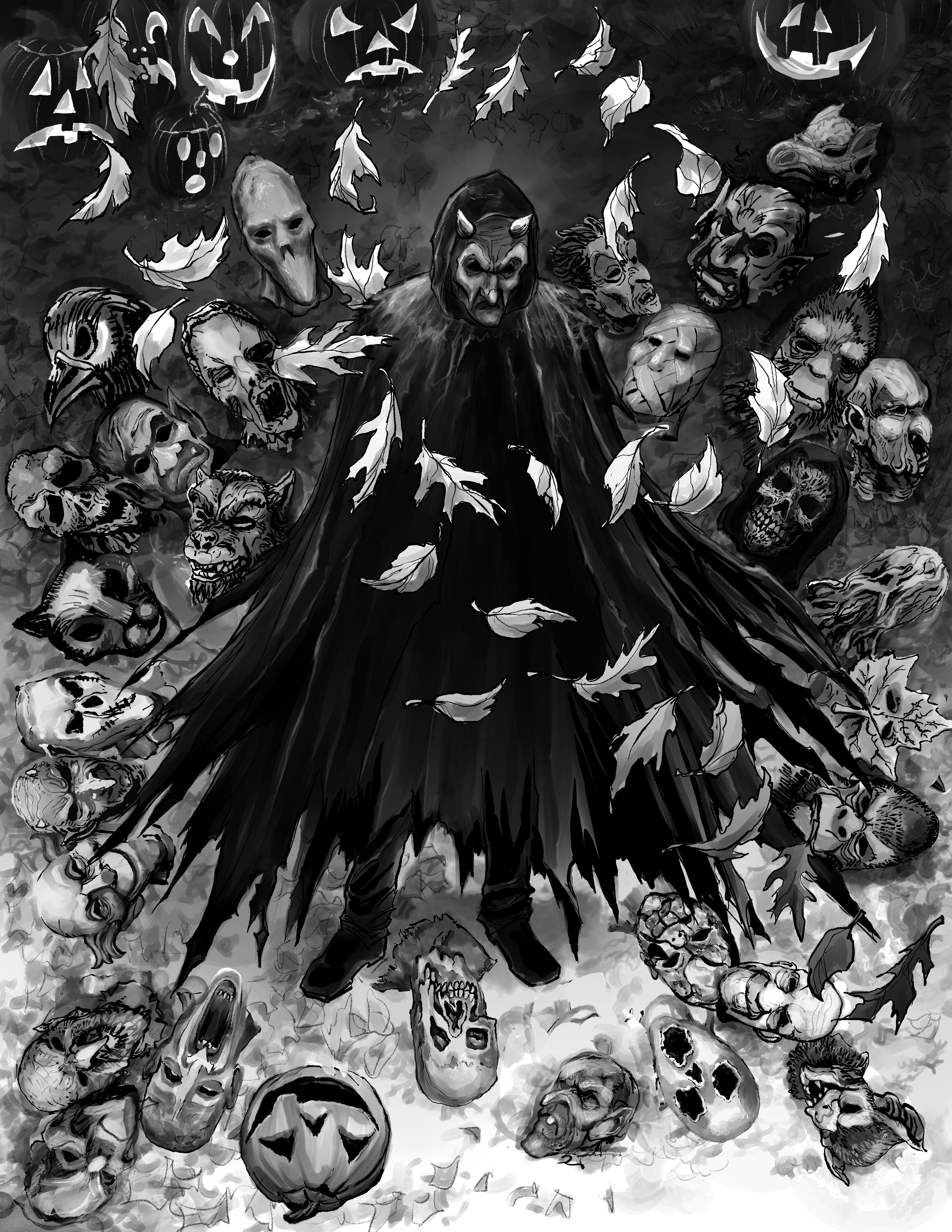 Dark figure in a cloak surrounded by skulls and jack-o'-lanterns, evoking a Halloween theme.